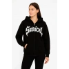 Kadın Kapüşonlu 3 İplik Şardonlu Önü Baskılı Fermuarlı Oversize Sweatshirt - Siyah