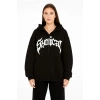 Kadın Kapüşonlu 3 İplik Şardonlu Önü Baskılı Fermuarlı Oversize Sweatshirt - Siyah