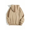 Kadın Kapüşonlu Kanguru Cepli 3 İplik Pamuklu Düz Hoodie Sweatshirt - Bej