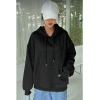 Kadın Kapüşonlu Kanguru Cepli 3 İplik Pamuklu Oversize Hoodie Sweatshirt - Siyah