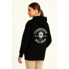 Kadın Kapüşonlu Kanguru Cepli Sweatshirt 3 İplik Pamuklu Baskılı Hoodie - Siyah