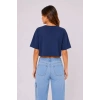 Kadın Kedi Baskılı Oversize Crop Tişört Salaş Basic Yarım Kol T-shirt - Lacivert