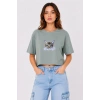 Kadın Kedi Baskılı Oversize Crop Tişört Salaş Basic Yarım Kol T-shirt - Mint Yeşili
