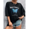 Kadın kelebek Baskılı Oversize kısa kol T-Shirt - Siyah
