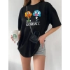 Kadın Kısa kol Tişört Bisiklet Yaka Baskılı Oversize T-Shirt - Siyah