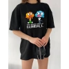 Kadın Kısa kol Tişört Bisiklet Yaka Baskılı Oversize T-Shirt - Siyah