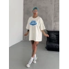 Kadın Kısa Kol Yazlık Tişört Bisiklet Yaka Baskılı Oversize T-Shirt - Beyaz