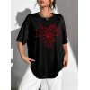 Kadın Örümcek Ağ Baskılı T-Shirt Kısa Kol Bisiklet Yaka Oversize Tişört - Siyah
