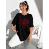Kadın Örümcek Ağ Baskılı T-Shirt Kısa Kol Bisiklet Yaka Oversize Tişört - Siyah