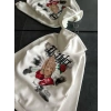 Kadın Oversize Kapüşonlu Cepli Baskılı 3 İplik Pamuklu Hoodie Sweatshirt - Beyaz