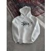 Kadın Oversize Kapüşonlu Cepli Baskılı 3 İplik Pamuklu Hoodie Sweatshirt - Beyaz