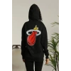Kadın Oversize Kapüşonlu Cepli Baskılı 3 İplik Pamuklu Hoodie Sweatshirt - Siyah