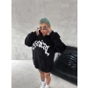 Kadın Oversize Kapüşonlu Cepli Baskılı 3 İplik Pamuklu Hoodie Sweatshirt - Siyah