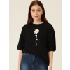 Kadın Papatya Baskılı T-Shirt Kısa Kol Bisiklet Yaka Oversize  Tişört - Siyah