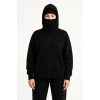 Kadın Samuray Ninja Çift Kapüşonlu Maske Detaylı 3 İplik Hoodie - Siyah