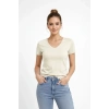 Kadın T-Shirt V Yaka Slim Fit Likralı Tişört Yazlık Basic Body - Taş