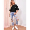 Kadın Tişört Bisiklet Yaka Baskılı Oversize T-Shirt - Siyah