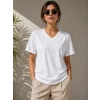 Kadın V Yaka Basic Tişört Kısa Kol Yazlık Regular Fit T-Shirt - Beyaz