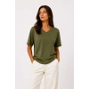 Kadın V Yaka Basic Tişört Kısa Kol Yazlık Regular Fit T-Shirt - Haki