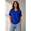 Kadın V Yaka Basic Tişört Kısa Kol Yazlık Regular Fit T-Shirt - Saks Mavisi