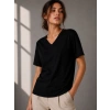 Kadın V Yaka Basic Tişört Kısa Kol Yazlık Regular Fit T-Shirt - Siyah