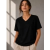 Kadın V Yaka Basic Tişört Kısa Kol Yazlık Regular Fit T-Shirt - Siyah