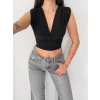Kadın Vatkalı Kolsuz V Yaka Drapeli Crop Bluz Likralı Fit - Siyah