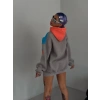 Kadın W Nakış İşlemeli Kapüşonlu 3 iplik pamuklu Parçalı Sweatshirt Hoodie - Mavi