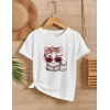 Kız Çocuk Bisiklet Yaka Baskılı T-Shirt - Beyaz