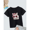 Kız Çocuk Bisiklet Yaka Baskılı T-Shirt - Siyah