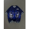 Unisex Bisiklet Yaka Baskılı Oversize T-Shirt - Lacivert
