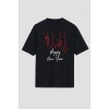 Yılbaşı Happy New Year Baskılı Kısa Kollu Oversize Bisiklet Yaka T-shirt - Siyah