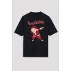 Yılbaşı Merry Christmas Noel Baba Baskılı Oversize Bisiklet Yaka T-shirt - Siyah