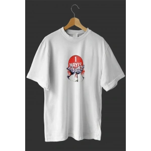 1 Mayıs Emek ve Dayanışma Günü Baskılı Oversize Bisiklet Yaka T-shirt - Beyaz