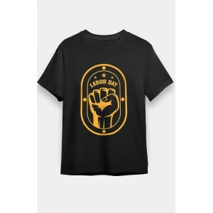 1 Mayıs Labor Day Emekçi Temalı Baskılı Oversize Bisiklet Yaka T-shirt - Siyah