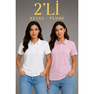 2li Kadın Polo Yaka Pike Kumaş Düğmeli Basic Tişört Günlük Rahat Kesim - Beyaz, Pembe