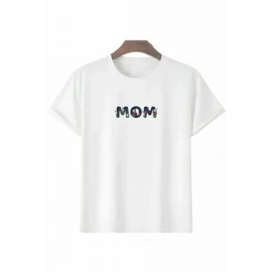 Anneler Günü Hediye Mom Çiçek Baskılı Oversize Bisiklet Yaka T-shirt - Beyaz