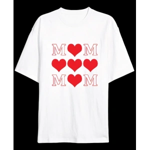 Anneler Günü Hediye MOM Kalp Baskılı Oversize Bisiklet Yaka T-shirt - Beyaz