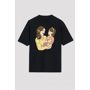 Anneler Gününe Özel Tasarım Anne Kız Baskılı T-shirt - Siyah