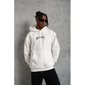 Erkek 3 İplik Pamuklu Baskılı Kapüşonlu Cepli Sweatshirt Hoodie - Beyaz