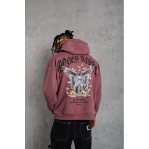 Erkek 3 İplik Pamuklu Baskılı Kapüşonlu Cepli Sweatshirt Hoodie - Gül Kurusu