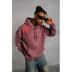 Erkek 3 İplik Pamuklu Baskılı Kapüşonlu Cepli Sweatshirt Hoodie - Gül Kurusu
