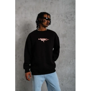 Erkek 3 İplik Pamuklu Bisiklet Yaka Gangster Baskılı Sweatshirt - Siyah