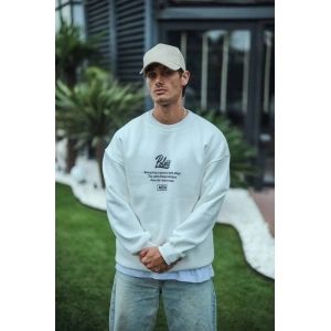 Erkek 3 iplik pamuklu Bisiklet Yaka Ön Ve Arka Baskılı SweatShirt - Beyaz