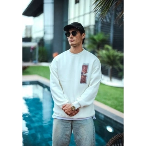 Erkek 3 iplik pamuklu Bisiklet Yaka Ön ve Arka Baskılı SweatShirt - Beyaz