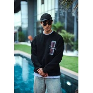 Erkek 3 iplik pamuklu Bisiklet Yaka Ön ve Arka Baskılı SweatShirt - Siyah
