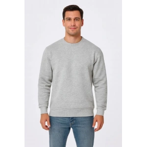 Erkek 3 İplik Pamuklu Düz Bisiklet Yaka SweatShirt - Gri