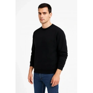 Erkek 3 İplik Pamuklu Düz Bisiklet Yaka SweatShirt - Siyah