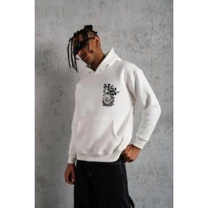 Erkek 3 İplik Pamuklu Kapüşonlu Baskılı Cepli Oversize Sweatshirt Hoodie - Beyaz