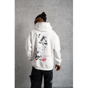 Erkek 3 İplik Pamuklu Kapüşonlu Baskılı Cepli Oversize Sweatshirt Hoodie - Beyaz